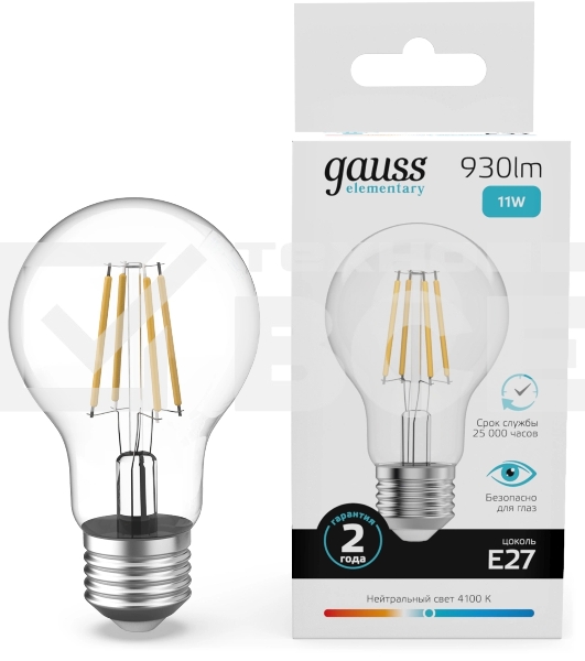 Лампа филам. Gauss Filament 11Вт цок.:E27 груша св.свеч.бел.нейт. (упак.:10шт) (22221)