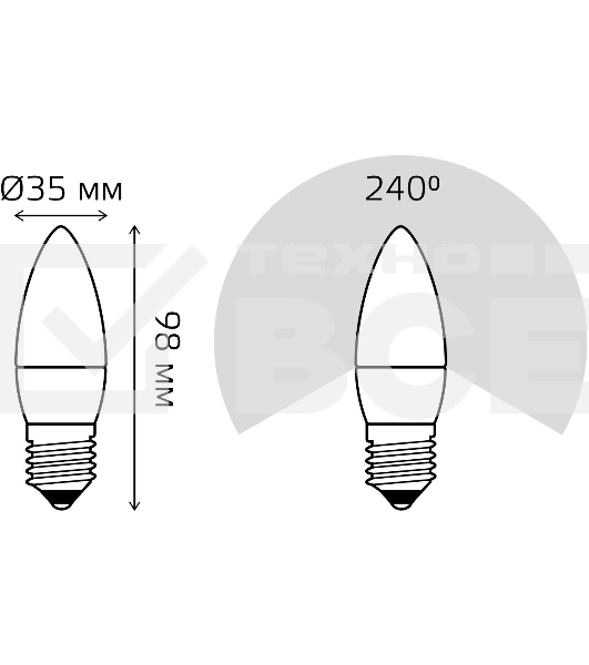 Лампа светодиодная Gauss Elementary 8Вт цок.:E27 свеча 220B 3000K св.свеч.бел.теп. C37 (упак.:10шт) (33218)