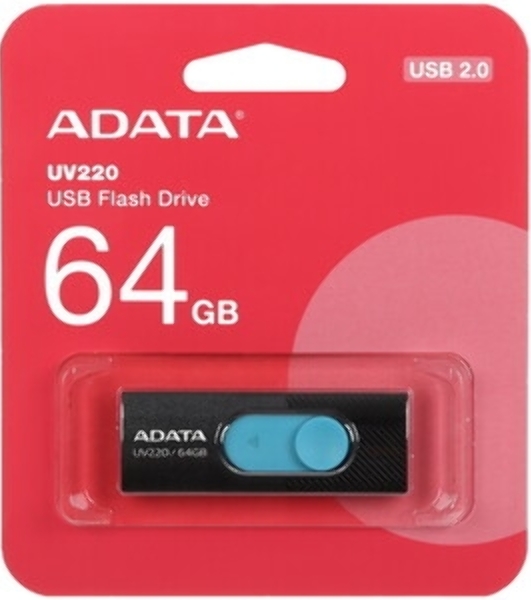 Флешка USB ADATA UV220 (AUV220-64G-RBKBL), 64Gb, USB 2.0, R/W 15/5, черный/голубой