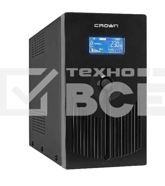Источник бесперебойного питания CROWN 800VA/450W, металл, 1x12V/9AH, розетки 3*EURO+1*IEC bybass, трансформатор AVR 145-280V, LCD дисплей, съёмный кабель 1.2м, фильтр телефонной и ethernet линии RJ11/45, защита батареи, от перегрузки, от КЗ