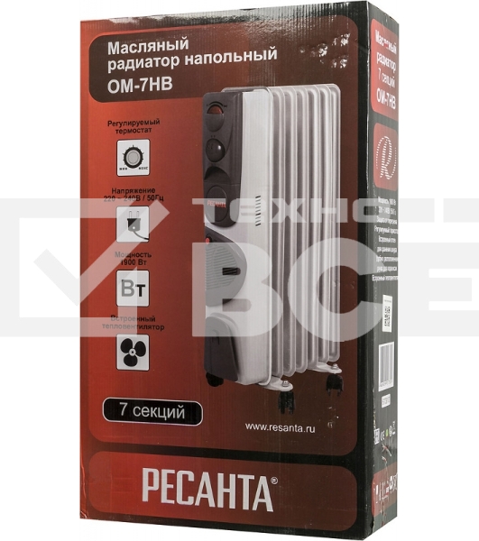 Масляный обогреватель Ресанта ОМ-7НВ (7секций) белый, 1900 Вт, 19 м2, термостат 67/3/10