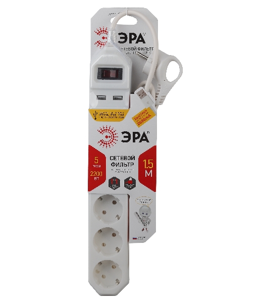 Сетевой фильтр ЭРА белый USF-5es-1.5m-USB-W  с заземл 3x0.75мм2 с выкл 5гн+2USB 1.5м
