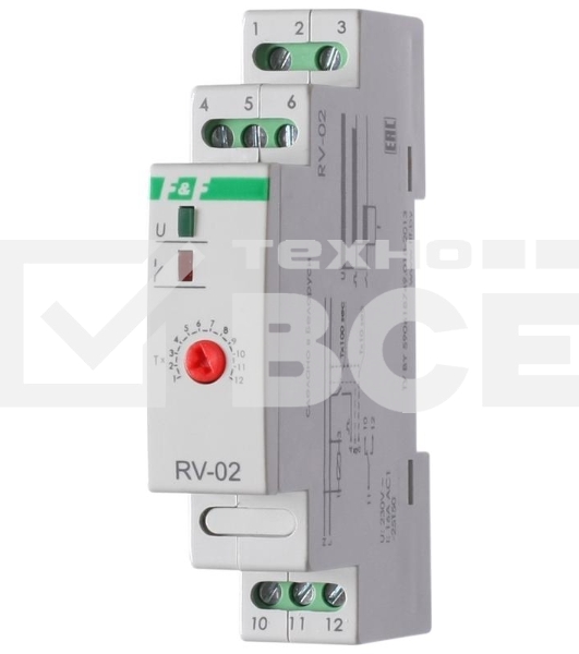Реле времени RV-02 (задержка выкл. (1-120сек) 230В 16А 1перекл. IP20 монтаж на DIN-рейке) F&F EA02.001.008